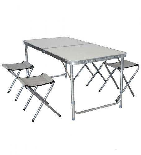Mesa Plegable Camping + 4 Bancos Aluminio