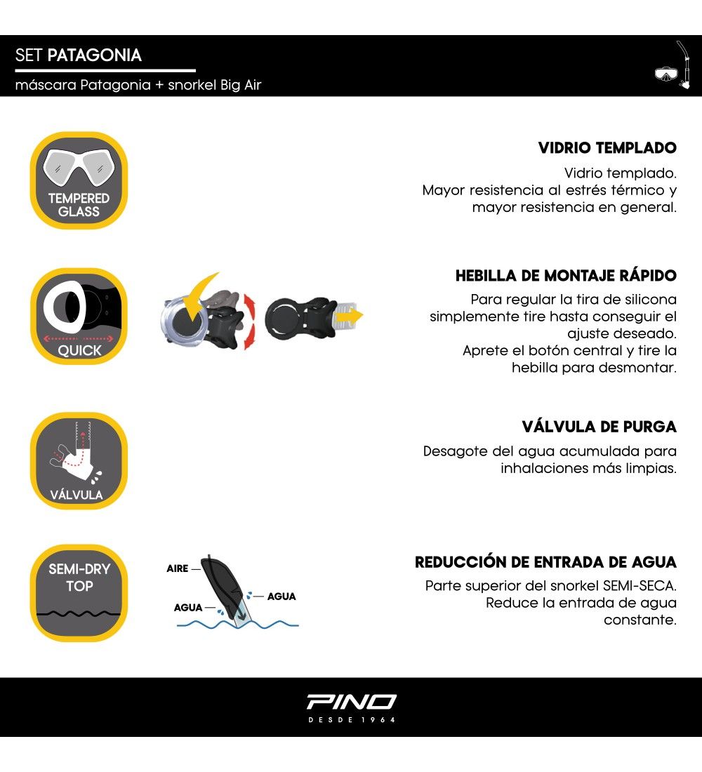 Combo Máscara Luneta Snorkel Pino Patagonia Unisex